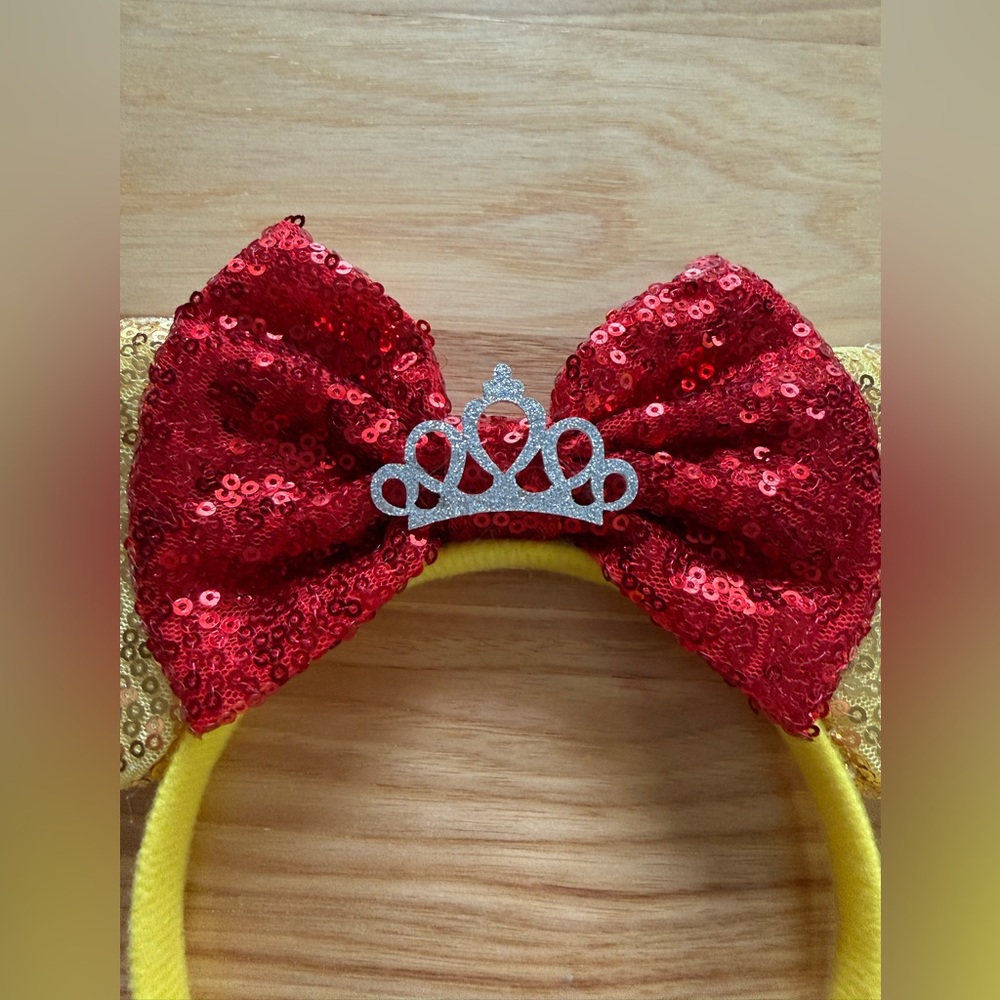 Child Size Costume Sequined MINNIE MOUSE EARS - GOLD & RED w/ CROWN Headband - Picture 3 of 6